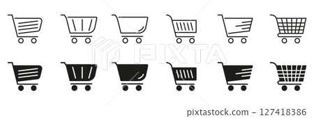 Shopping Cart Icon Set. E-Commerce, Online Shopping, And Retail Marketplace Symbol Collection. Various Cart Designs For Digital And Physical Stores. Isolated Vector Illustration 127418386