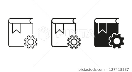 Book With Gear Line and Solid Icon. Knowledge Management, Technical Documentation, And System Configuration Symbol. Educational And Technical Resource. Isolated Vector Illustration 127418387