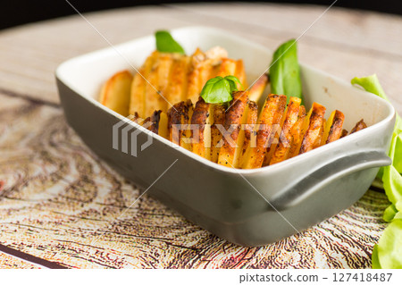 Baked potatoes in a mold, ruddy and fatty Baked potatoes in a mold, ruddy and fatty 127418487