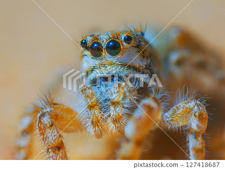 Jumping spider portrait - Yllenus arenarius, close up 127418687
