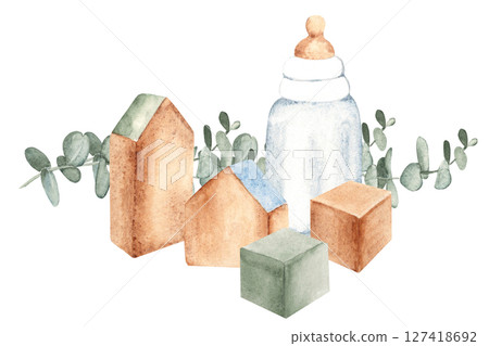 Eco Baby composition. Wooden toys, bottle for milk and eucalyptus branches. Watercolor hand drawn kid illustration isolated on a white background. For baby shower or welcome baby party. 127418692