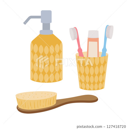Bathroom care products. Beauty tooth and skincare, organic soap or lotion, tooth paste tubes and hair brush flat flat vector illustration. Cartoon bathroom elements 127418720