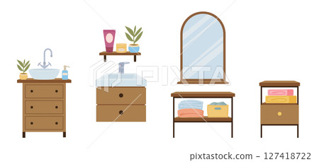 Bathroom furniture. Modern bathroom sink, towels, bath textile stand and mirror, bathroom interior elements flat vector illustrations set. Cartoon bathroom furniture 127418722