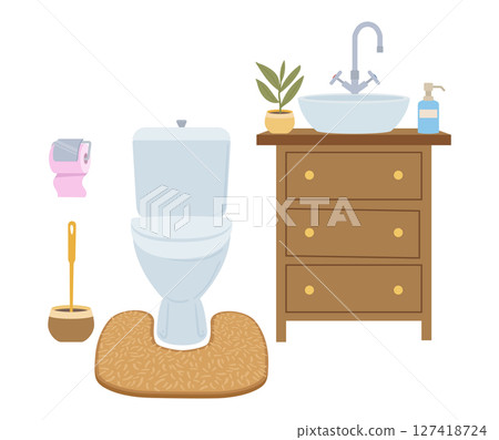 Bathroom interior. Modern bathroom with toilet and sink, convenient toilet interior, flat vector illustration. Cartoon minimalist washroom 127418724