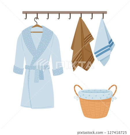 Bathroom textile. Hanging towels and bathrobe, cotton bath textile flat vector illustrations. Cartoon modern bathroom textile Bathroom textile. Hanging towels and bathrobe, cotton bath textile flat vector illustrations. Cartoon modern bathroom textile 127418725