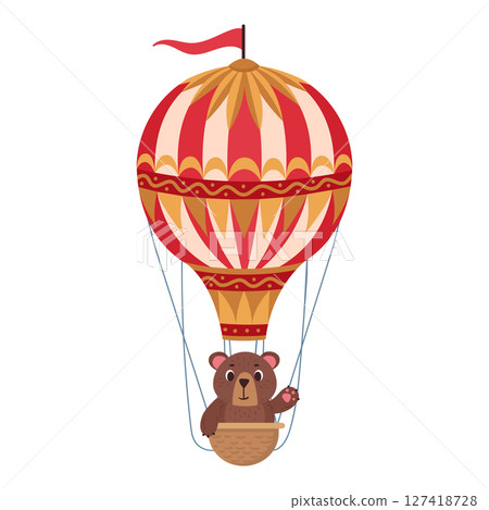 Brown bear flying on hot air balloon. Flying hot air balloon with cute animal on board flat vector illustration. Bear character flying on retro air transport 127418728