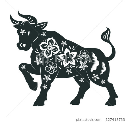 Chinese lunar bull symbol. New Year oriental horoscope animal silhouette, zodiac astrological calendar bull sign flat vector illustration. Traditional horoscope icon 127418733