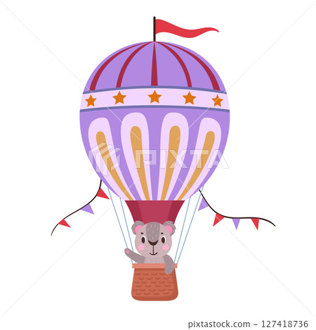 Cute koala flying on hot air balloon. Flying hot air balloon with animal on board flat vector illustration. Koala character flying on retro air transport Cute koala flying on hot air balloon. Flying hot air balloon with animal on board flat vector illustration. Koala character flying on retro air transport 127418736