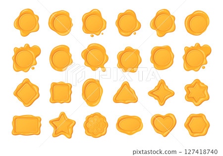 Golden wax stamps. Vintage seal stamp, wax postage label marks, medieval post signet flat vector illustration set. Cartoon postal paraffin stamps Golden wax stamps. Vintage seal stamp, wax postage label marks, medieval post signet flat vector illustration set. Cartoon postal paraffin stamps 127418740