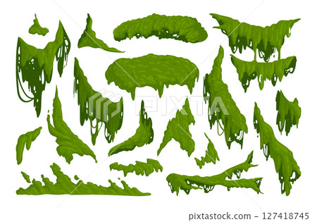 Jungle moss. Hanging and creeping lichen and moss, green moss plants flat vector illustration set. Cartoon rainy forest flora on white Jungle moss. Hanging and creeping lichen and moss, green moss plants flat vector illustration set. Cartoon rainy forest flora on white 127418745