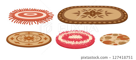 Textile rugs. Cartoon woven carpets, living room, bedroom or bath interior decor flat vector illustration set. Cozy carpets on white 127418751