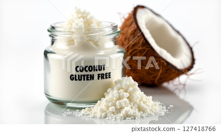 A clear glass container holding coconut flour is labeled 'Coconut GLUTEN FREE.' Beside it, a half coconut is displayed, highlighting a natural baking alternative. A clear glass container holding coconut flour is labeled 'Coconut GLUTEN FREE.' Beside it, a half coconut is displayed, highlighting a natural baking alternative. 127418766