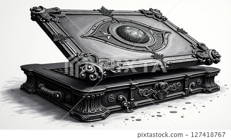 This artwork depicts an antique laptop designed with an elaborate engraving style. The device is open, showcasing intricate details and craftsmanship reminiscent of vintage artistry. 127418767