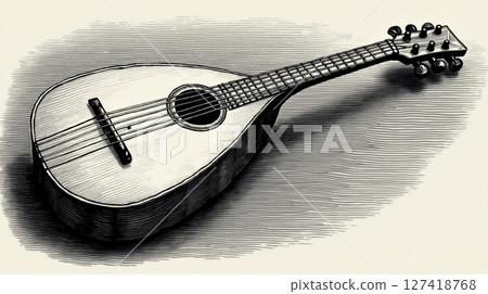 This engraving features a lute, highlighting its unique shape and strings. Crafted during the Renaissance, it reflects the musical heritage of its time and the artistry involved. 127418768