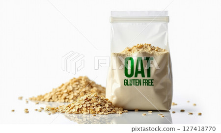Clear plastic bag filled with oat flour showcases its gluten free label in green. Loose oats are scattered around, highlighting this versatile ingredient for healthy recipes. Clear plastic bag filled with oat flour showcases its gluten free label in green. Loose oats are scattered around, highlighting this versatile ingredient for healthy recipes. 127418770