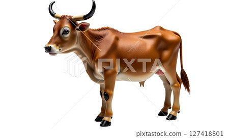 A miniature zebu cow lounges in a vibrant pasture, its small size and prominent hump accentuated by its short light brown coat. Large, playful eyes reflect its curious nature. 127418801