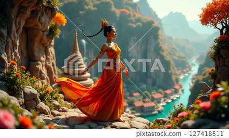A beautiful Thai dancer gracefully poses in a vibrant long dress, surrounded by a stunning fractal spiral landscape. The unique setting blends nature with culture, creating a serene atmosphere. 127418811