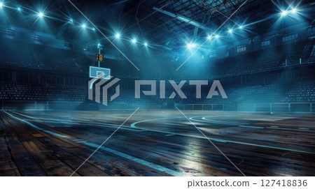 Empty basketball arena, stadium, sports ground with flashlights and fan sits 127418836