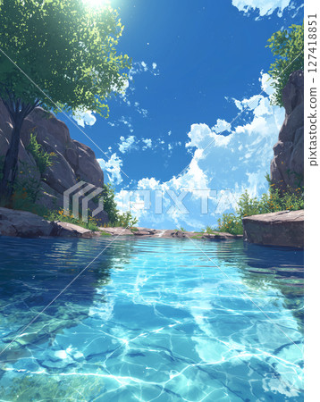 清澈的水邊和夏日天空景觀的插圖─清爽的光線搖曳的壯觀自然景色 清澈的水邊和夏日天空景觀的插圖─清爽的光線搖曳的壯觀自然景色 127418851