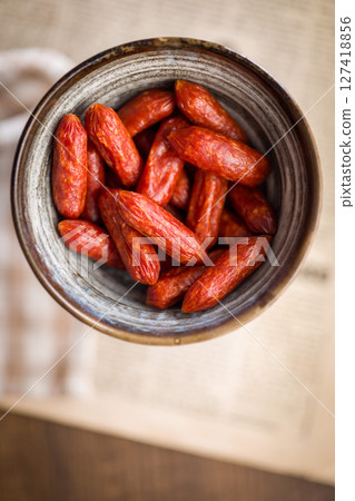 Mini salami sausages in bowl. Top view. 127418856