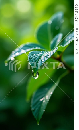Soft morning light captures glistening droplets atop lush green leaves, showcasing nature's beauty in a peaceful garden atmosphere filled with fresh scents Generative AI 127418930