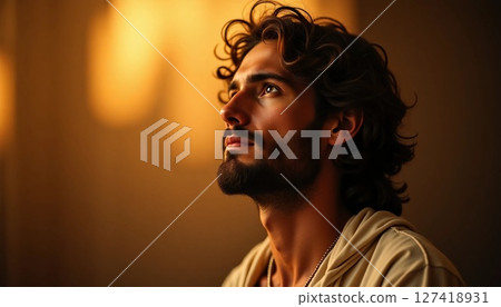 In a tranquil setting, a young man gazes upward, his expression filled with warmth and introspection Generative AI 127418931