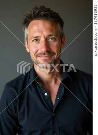 A man smiles warmly while dressed in a dark shirt, radiating charisma and confidence. The minimalist background emphasizes his engaging expression and charming demeanor Generative AI 127418933
