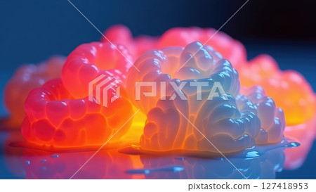 Brightly Colored Glowing Shapes Create a Dreamy Landscape in a Dark Setting Brightly Colored Glowing Shapes Create a Dreamy Landscape in a Dark Setting 127418953