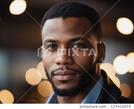 A man with a calm demeanor stands proudly, illuminated by soft lights that create a cozy atmosphere. His confident expression reflects the joy of the evening and his unique style Generative AI 127418974