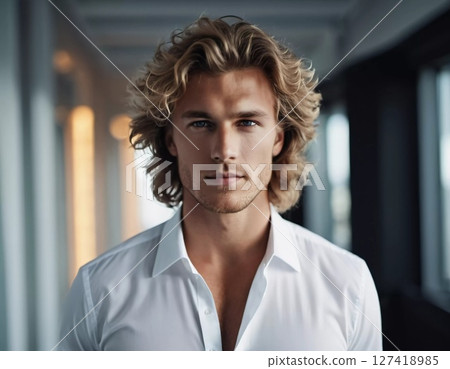 A young man exudes confidence as he stands indoors, showcasing his wavy hair and striking features Generative AI A young man exudes confidence as he stands indoors, showcasing his wavy hair and striking features Generative AI 127418985