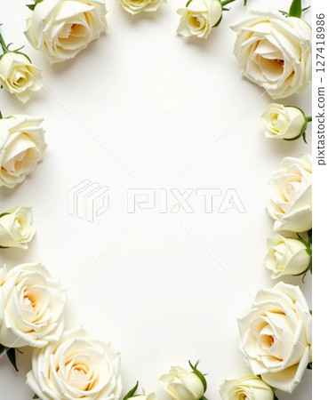 A collection of exquisite white roses is perfectly arranged to form a gentle oval frame, inviting personal notes and heartfelt reflections. The serene setting enhances elegance Generative AI A collection of exquisite white roses is perfectly arranged to form a gentle oval frame, inviting personal notes and heartfelt reflections. The serene setting enhances elegance Generative AI 127418986