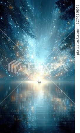 Surreal Fantasy Landscape With Vivid Reflections of a Starry Night on a Tranquil Lake at Dusk 127419045