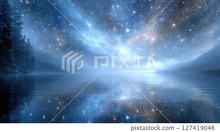 Calm Lake Reflects Starry Night Sky in a Surreal Fantasy Landscape of Dreams 127419046