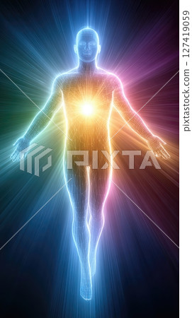 Radiant Figure Running Into the Future With Colorful Light Beams Radiating From Their Head and Heart Radiant Figure Running Into the Future With Colorful Light Beams Radiating From Their Head and Heart 127419059