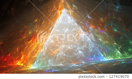 Bright Iridescent Triangular Fractal Design on High Contrast Black Background 127419070