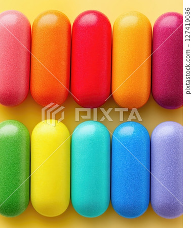 Colorful Minimalist Flat Lay of Erasers Arranged in Vibrant Rows on a Bright Background 127419086