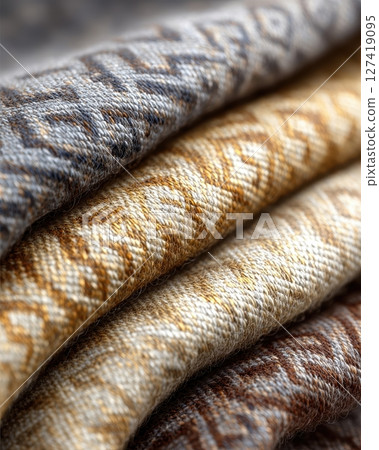 Ethnic Patterns With Textures Displayed in a Close-Up Arrangement of Woven Fabrics 127419095