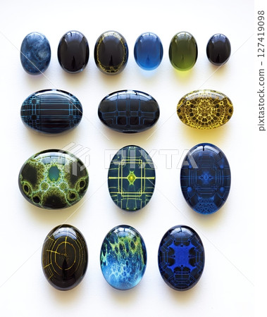 Unique Fractal Gemstones Arranged on a White Surface Showcasing Intricate Patterns and Colors Unique Fractal Gemstones Arranged on a White Surface Showcasing Intricate Patterns and Colors 127419098