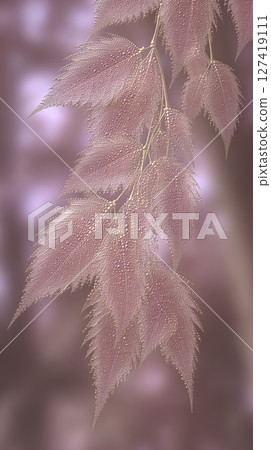 Fractal Plant With Delicate Pinkish Leaves Glistening in Soft Light During Early Morning Hours 127419111