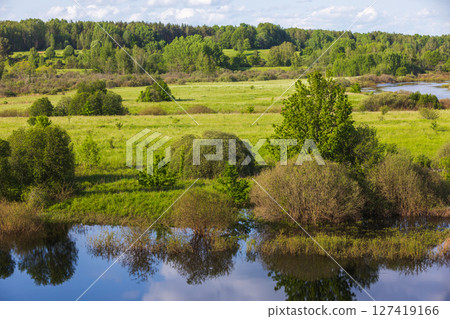 Tranquil summer meadow featuring green fields, a reflective river water Tranquil summer meadow featuring green fields, a reflective river water 127419166