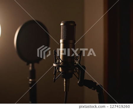 In a cozy studio, a singer prepares to record, surrounded by soft shadows and warm lights. The microphone stands ready, eager to capture every note and emotion of the performance Generative AI 127419260