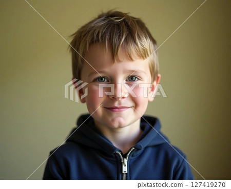 A cheerful young boy beams with happiness while wearing a cozy hoodie. His sparkling eyes and infectious smile bring warmth to the calm atmosphere around him Generative AI 127419270