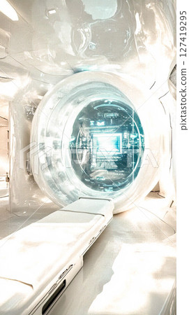 Futuristic space station interior with a circular glass chamber for digital exploration 127419295