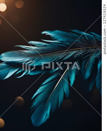 Turquoise feathers glisten under soft lighting, showcasing their intricate textures and vibrant hues, creating an enchanting atmosphere in the setting Generative AI 127419324