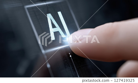 Touching the glowing AI symbol on a digital interface with a human finger 127419325