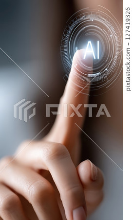 Human finger engages with glowing AI symbol on digital interface in modern technology setting 127419326
