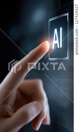 Close up of a finger activating a glowing ai symbol on a futuristic digital interface Close up of a finger activating a glowing ai symbol on a futuristic digital interface 127419327