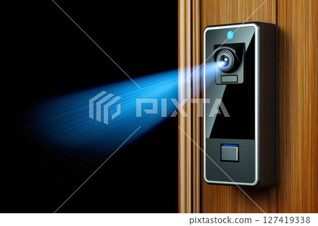 Biometric scanner in doorframe captures data with pulses of light for secure access control 127419338