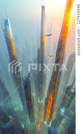 Digital cityscape features transparent skyscrapers and flying drones in illuminated grid lines Digital cityscape features transparent skyscrapers and flying drones in illuminated grid lines 127419348