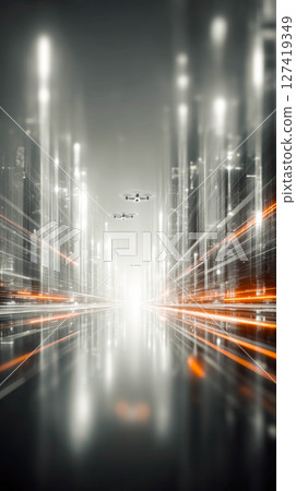 Digital cityscape featuring transparent skyscrapers and flying drones navigating illuminated grids 127419349